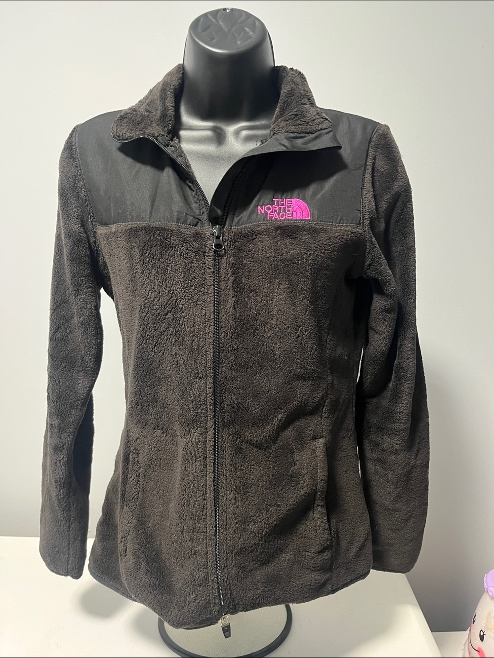 The North Face Black Teddy Fleece Jacket with Pink Logo